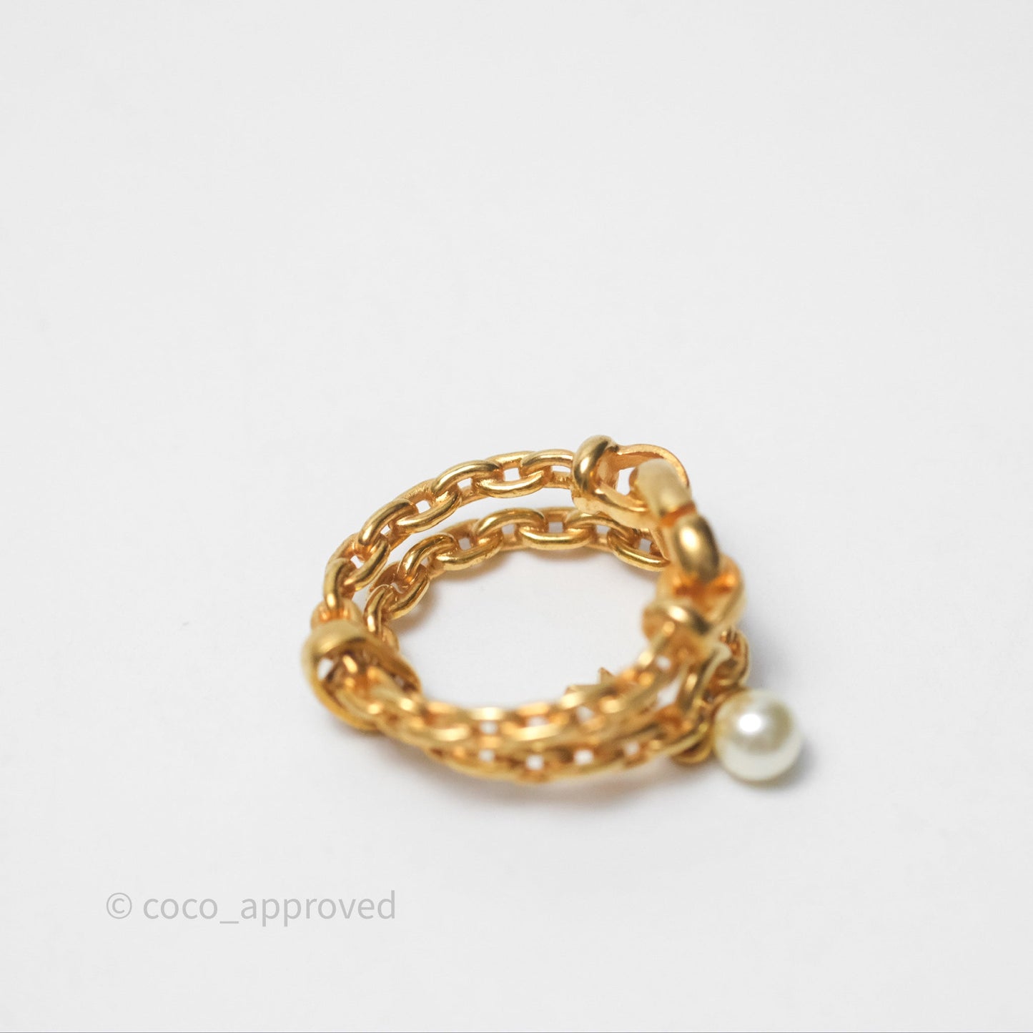 Christian Dior CD Double Chain Star Pearl Ring Gold Tone