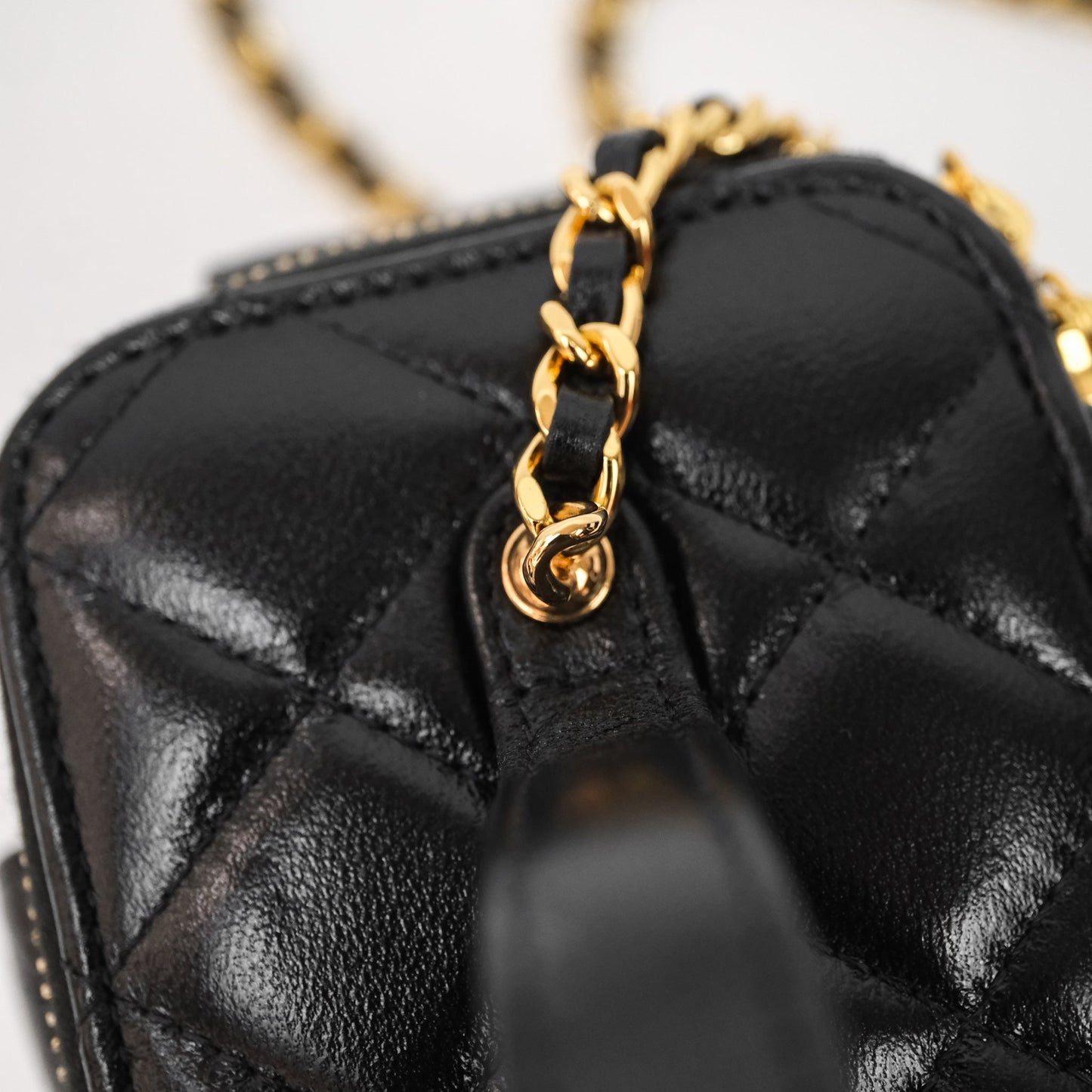 Chanel Quilted Top Handle Pocket Vanity Case Black Shiny Lambskin Bag Gold Hardware