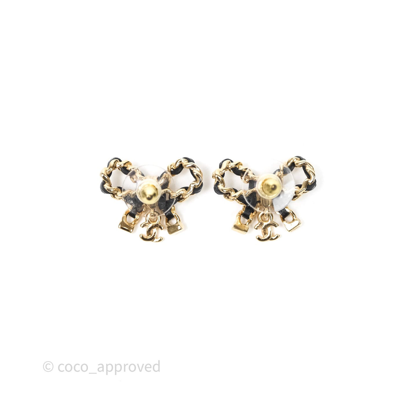 Chanel Lambskin Chain Bow Stud Earrings Black Gold Tone 24V