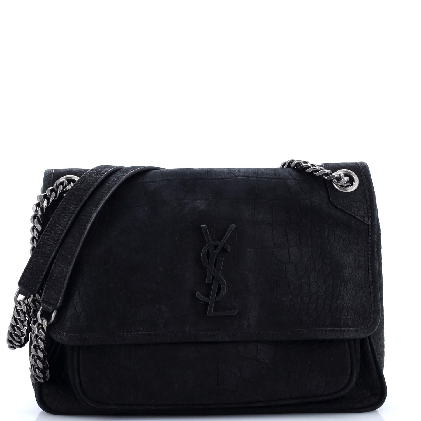 Luxury Saint Laurent Niki Chain Flap Bag Crocodile Embossed Nubuck Medium