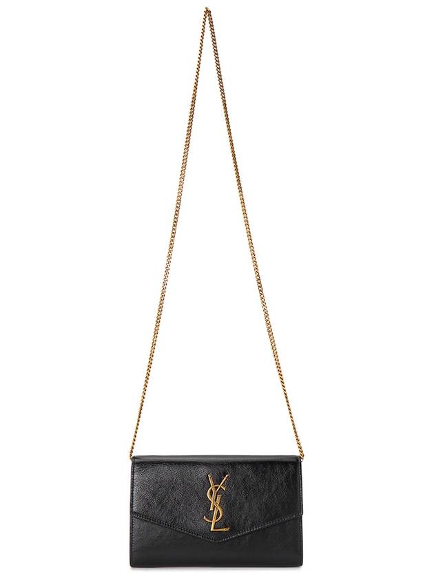 Luxury Saint Laurent Uptown Shiny Grained Leather Chain Wallet Black