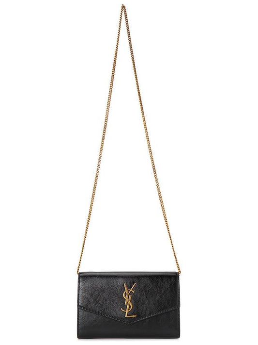 Luxury Saint Laurent Uptown Shiny Grained Leather Chain Wallet Black