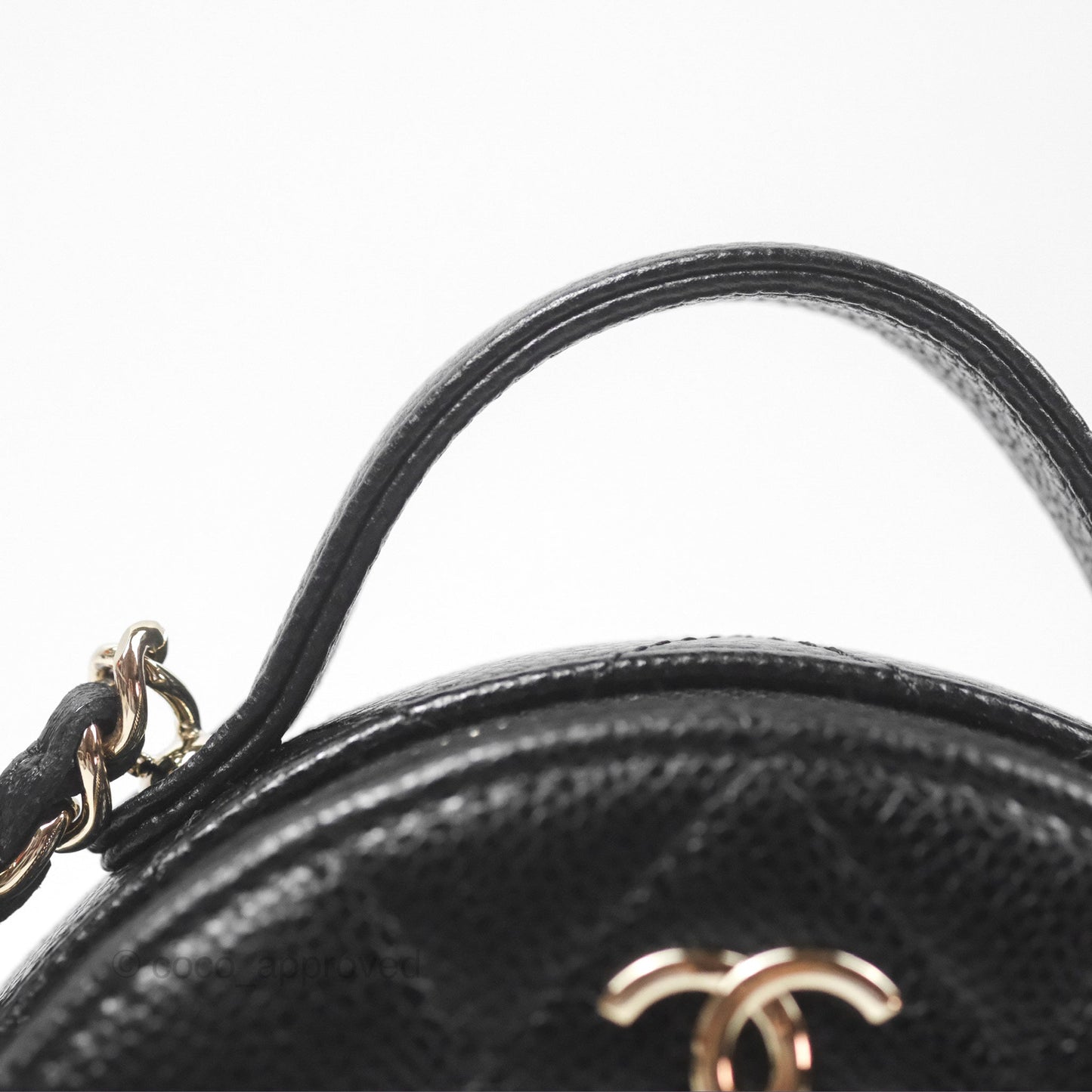 Chanel Mini Round Vanity Bag Handle With Care Black Caviar Gold Hardware