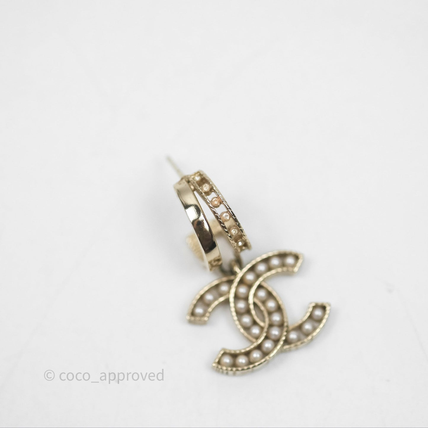 Chanel Pearl CC Crystal Double Hoop Earrings Gold Tone 21B
