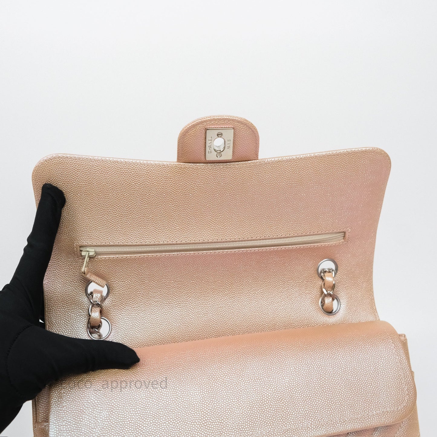 Chanel Classic Medium Double Flap Chevron Iridescent Rose Gold Pink Caviar 17B