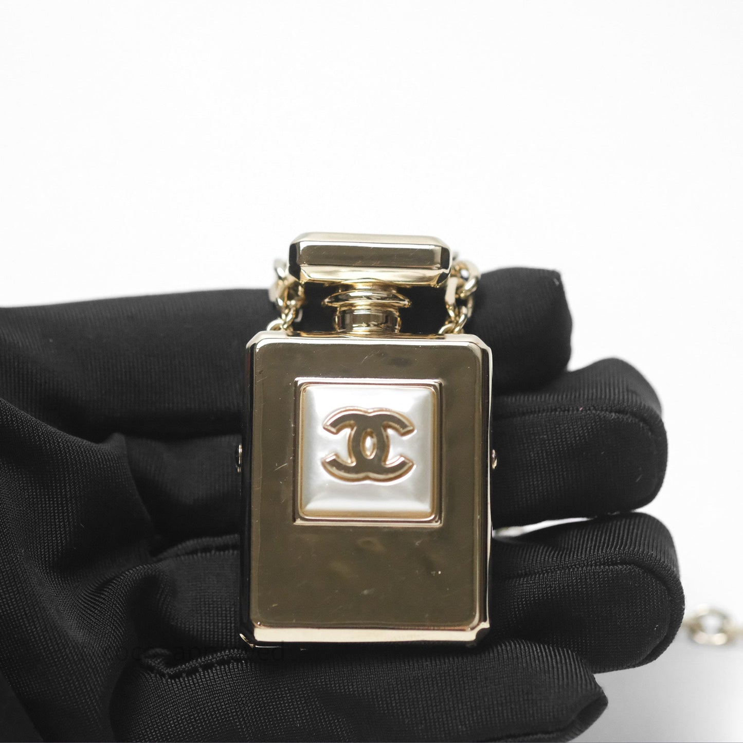 Chanel CC Metal Pearl Perfume Bottle Locket Necklace Gold Tone