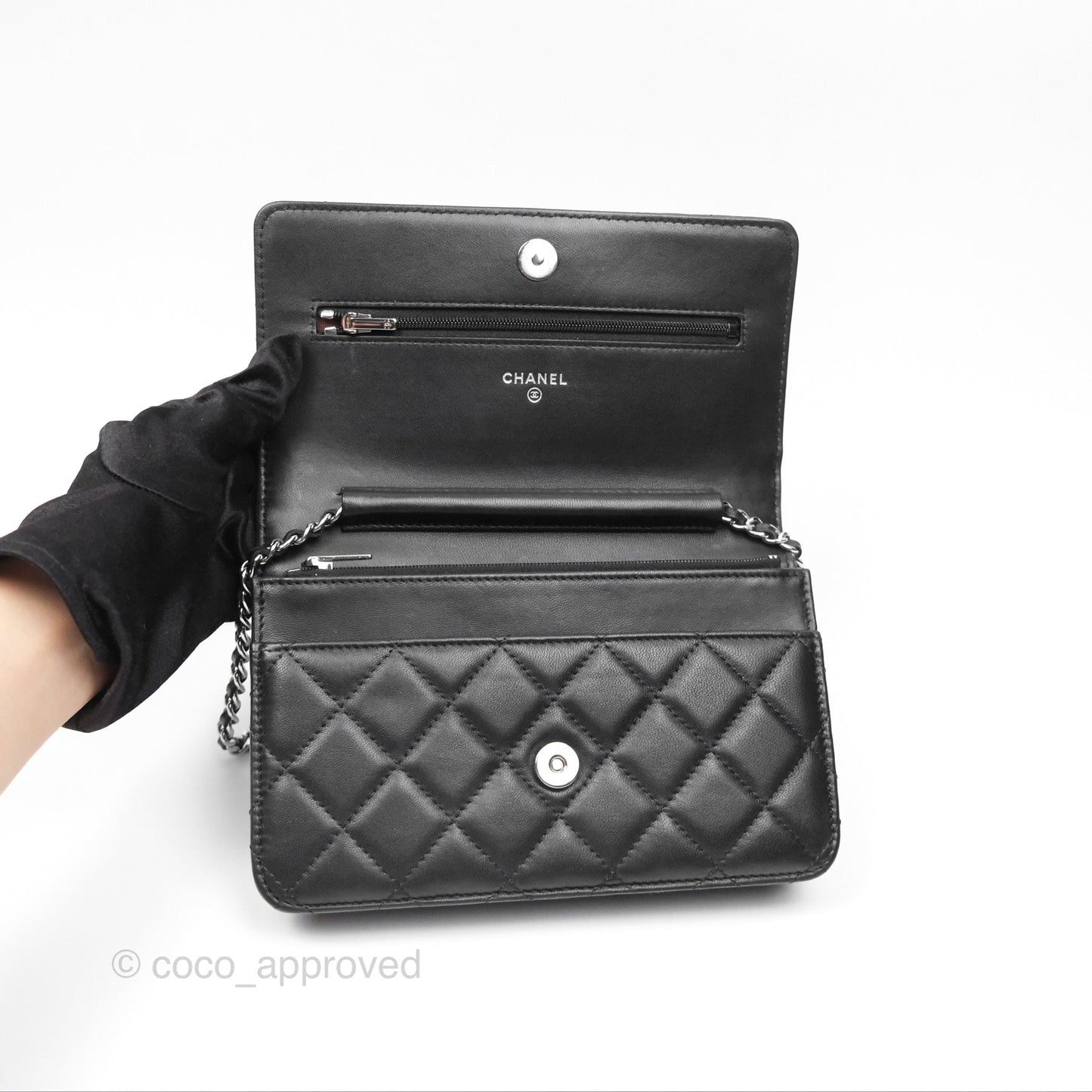 Chanel Quilted Classic Wallet on Chain WOC Black Lambskin Silver Hardware