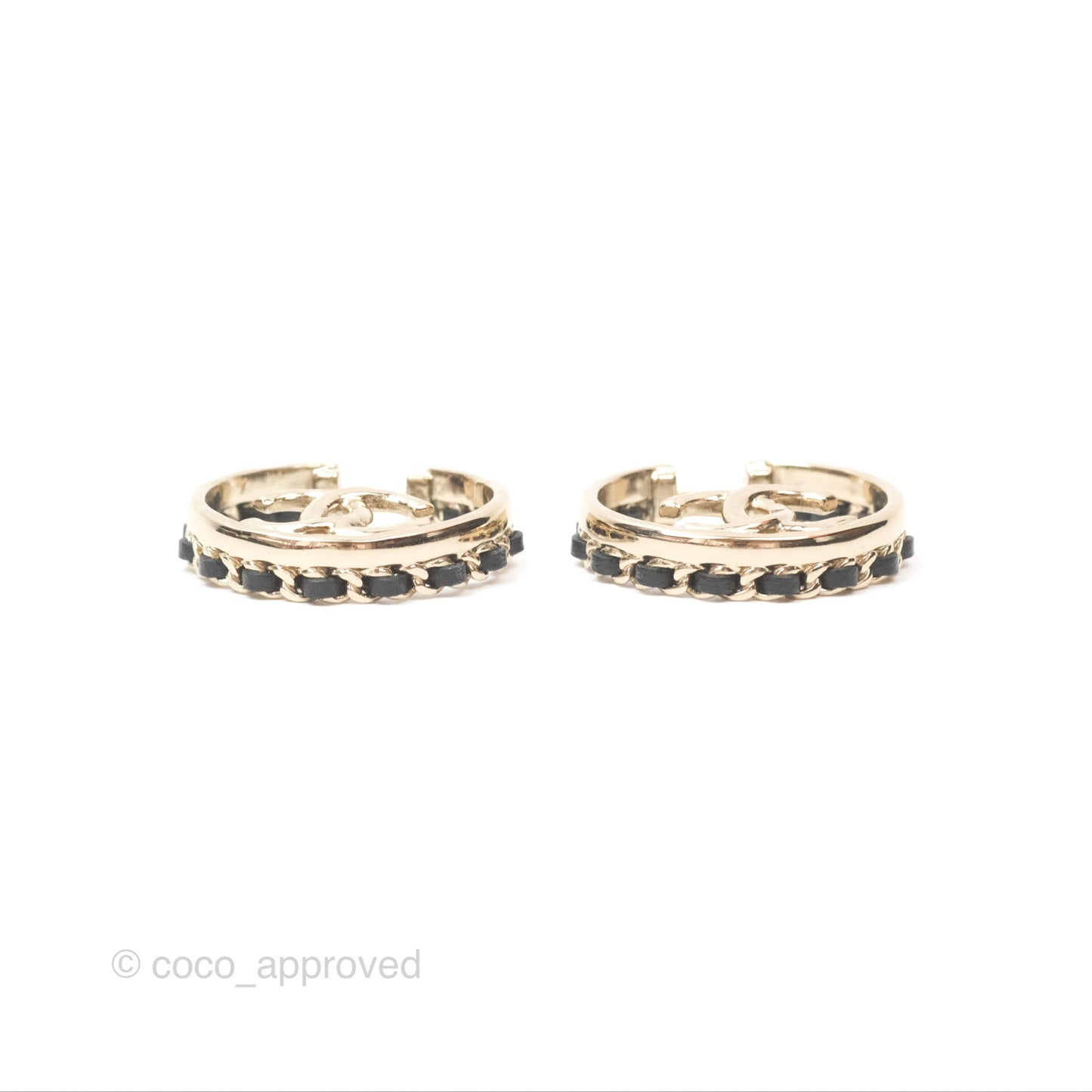 Chanel Gold Hoop Black Leather CC Earrings 22P