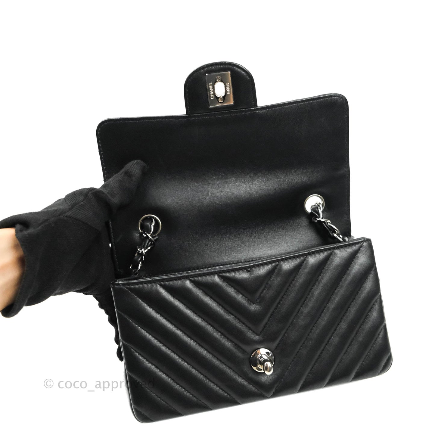 Chanel Classic Chevron Mini Rectangular Flap Black Lambskin Silver Hardware