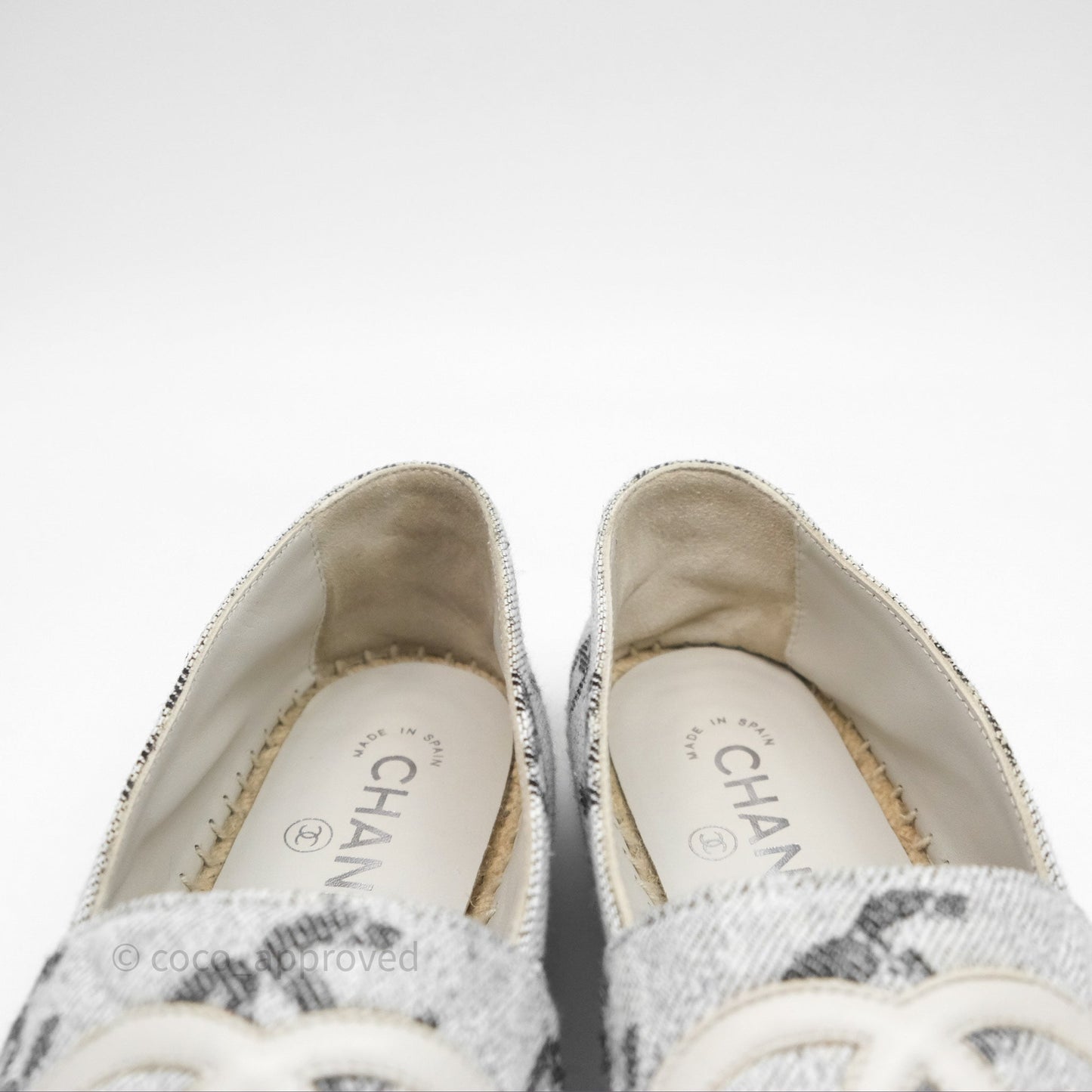Chanel CC Espadrilles in Grey Cotton Jacquard Black Grosgrain 22S Size 38