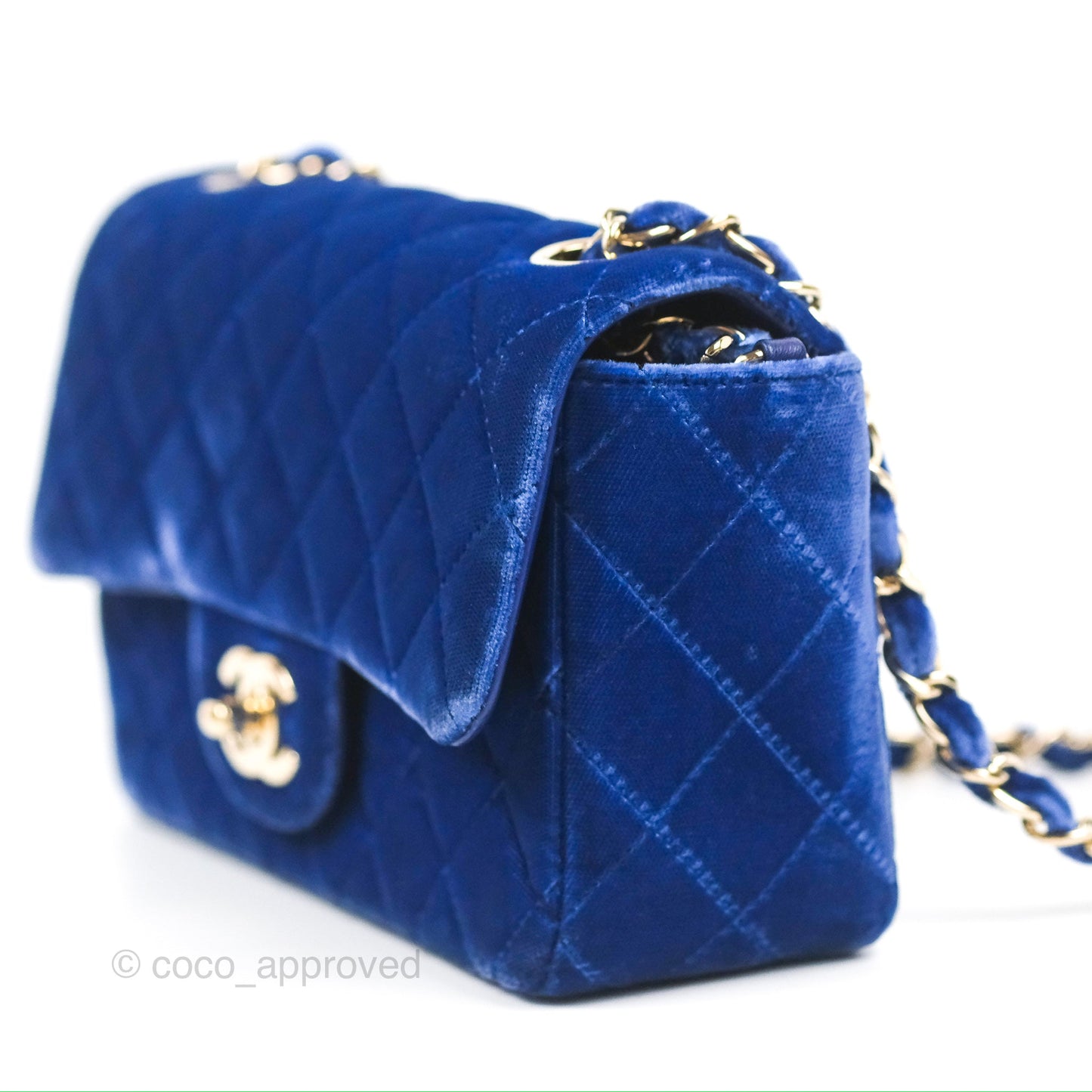 Chanel Quilted Mini Rectangular Flap Blue Velvet Gold Hardware