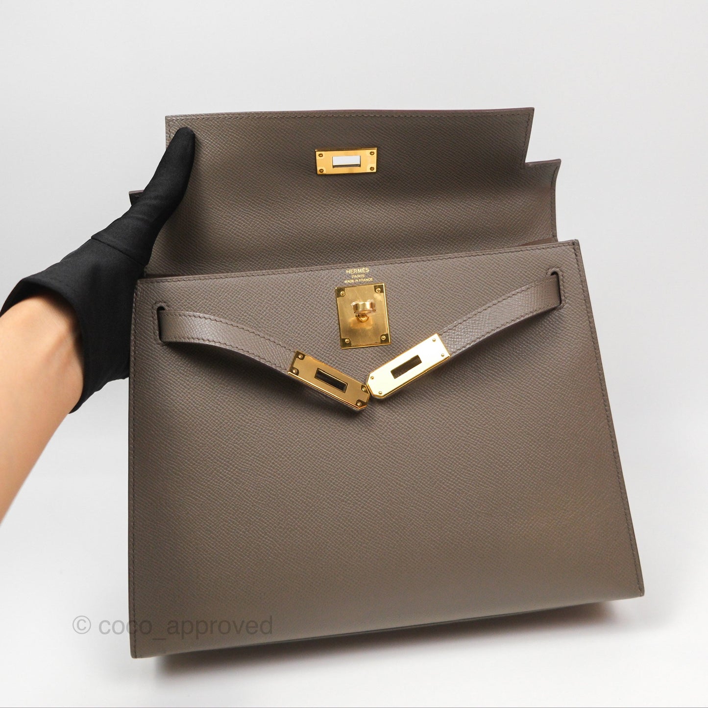 Hermès Kelly Sellier 28 Gris Etain 8F Epsom Gold Hardware
