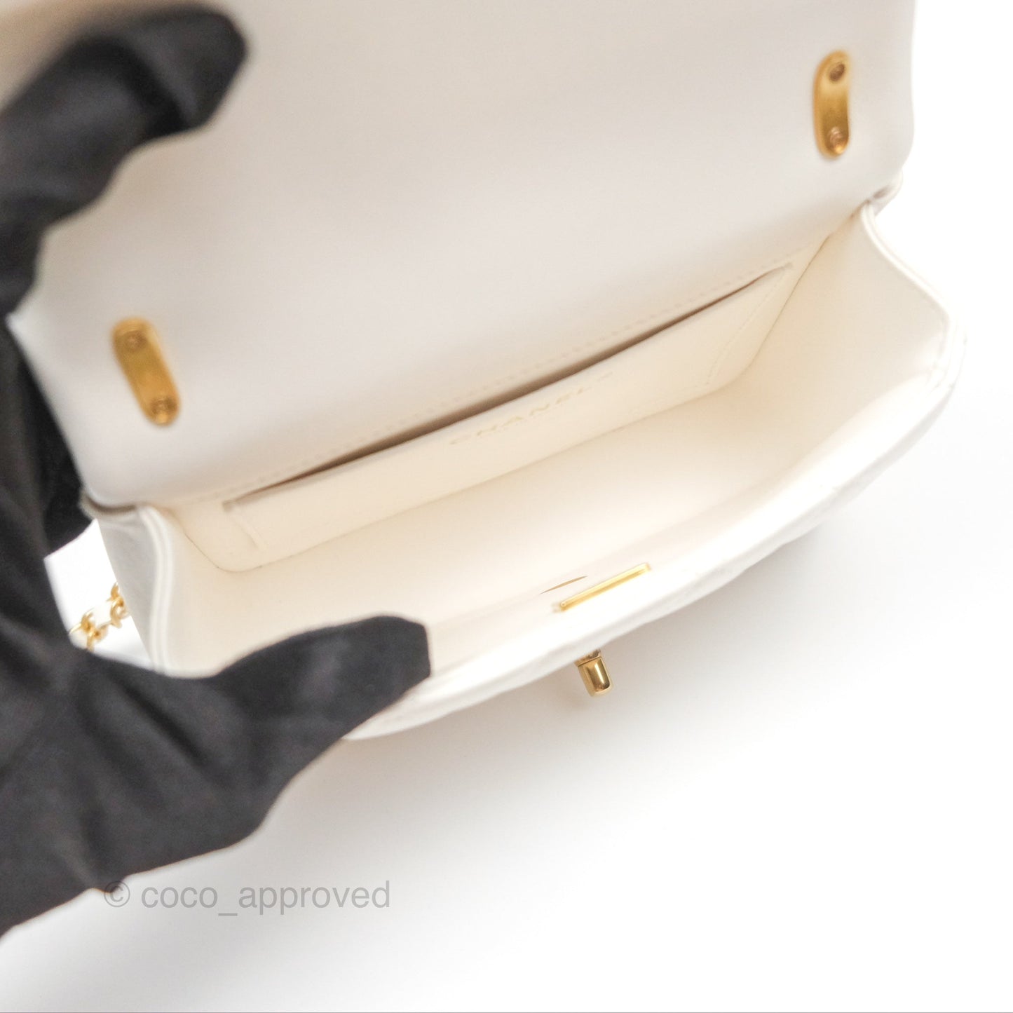 Chanel Pearl Chain Mini Flap Bag White Lambskin Aged Gold Hardware 24P