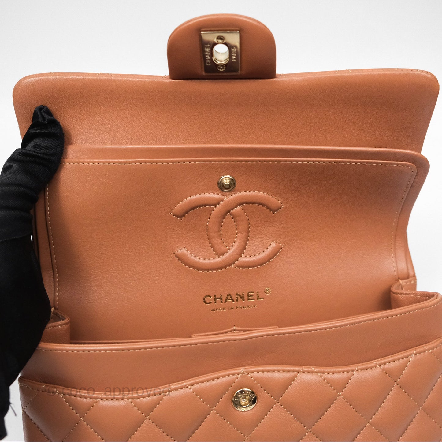 Chanel Small Classic Quilted Flap Dark Beige Caramel Lambskin Gold Hardware