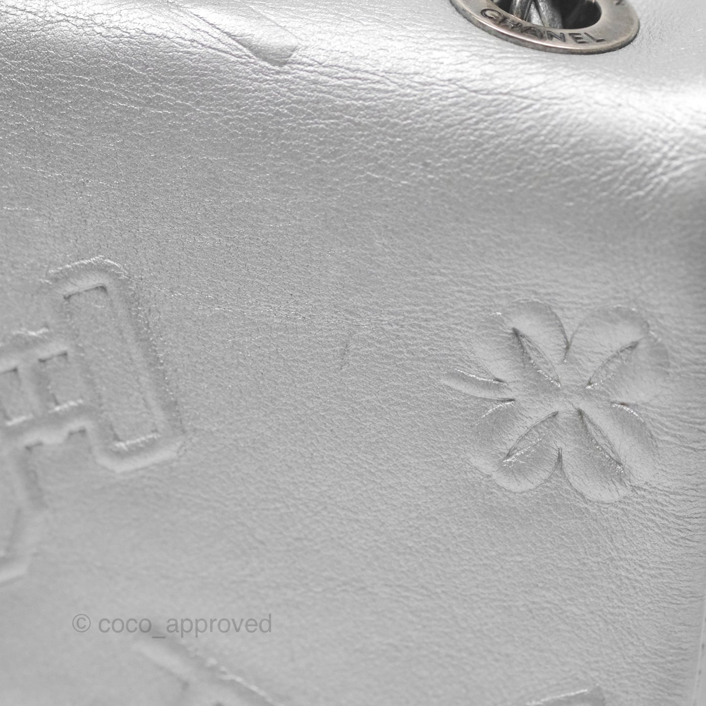 Chanel Medium Single Flap Embossed Metallic Silver Lambskin Ruthenium Hardware