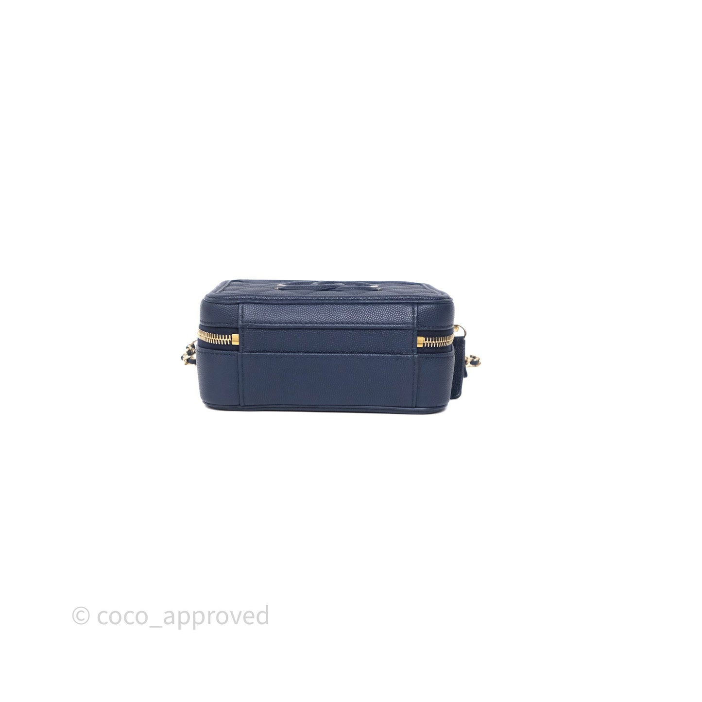 Chanel Quilted Small CC Filigree Vanity Case Navy Caviar Gold Hardware