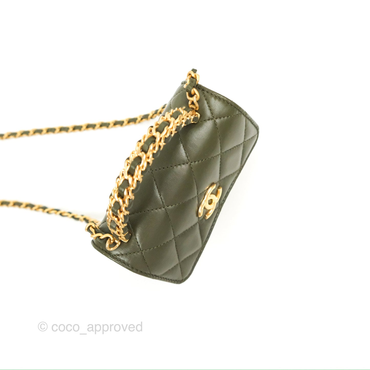 Chanel Top Handle Clutch With Chain Army Green Lambskin Aged Gold Hardware
