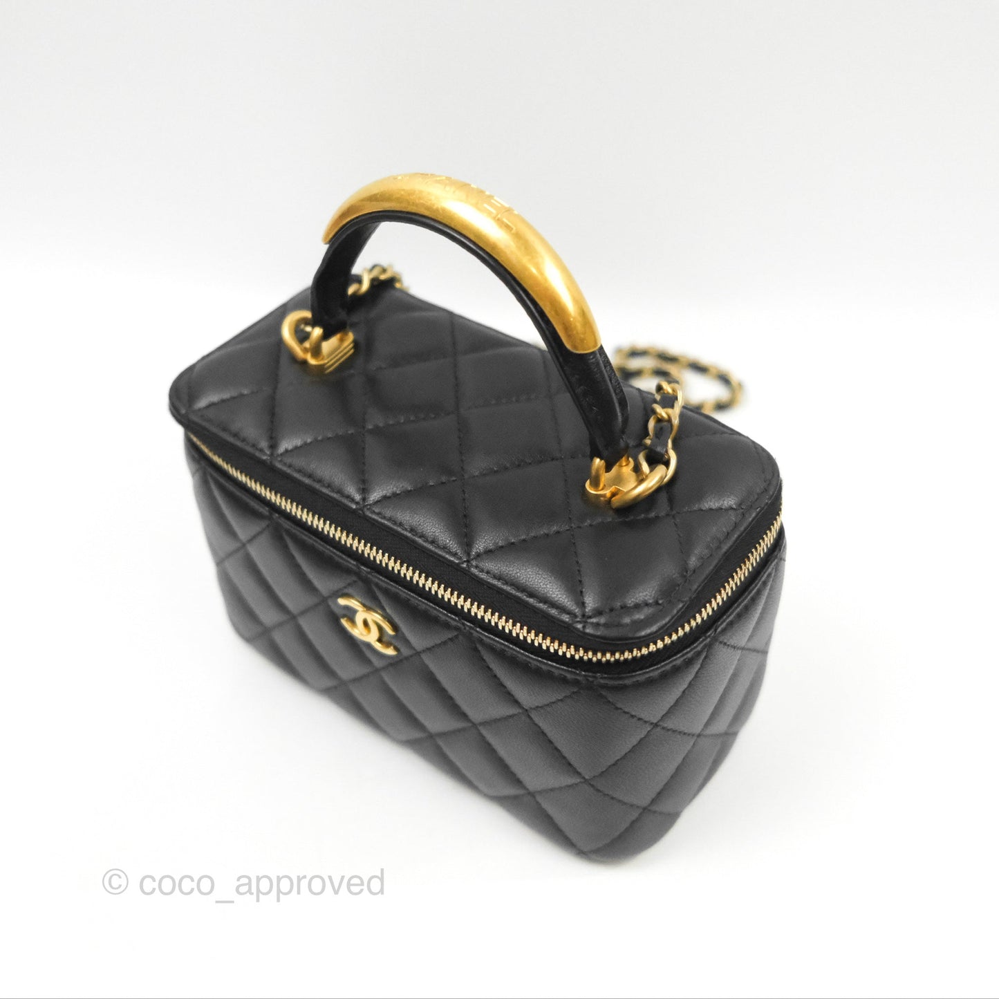 Chanel Vanity Rectangular Metal Top Handle Black Lambskin Aged Gold Hardware 22B