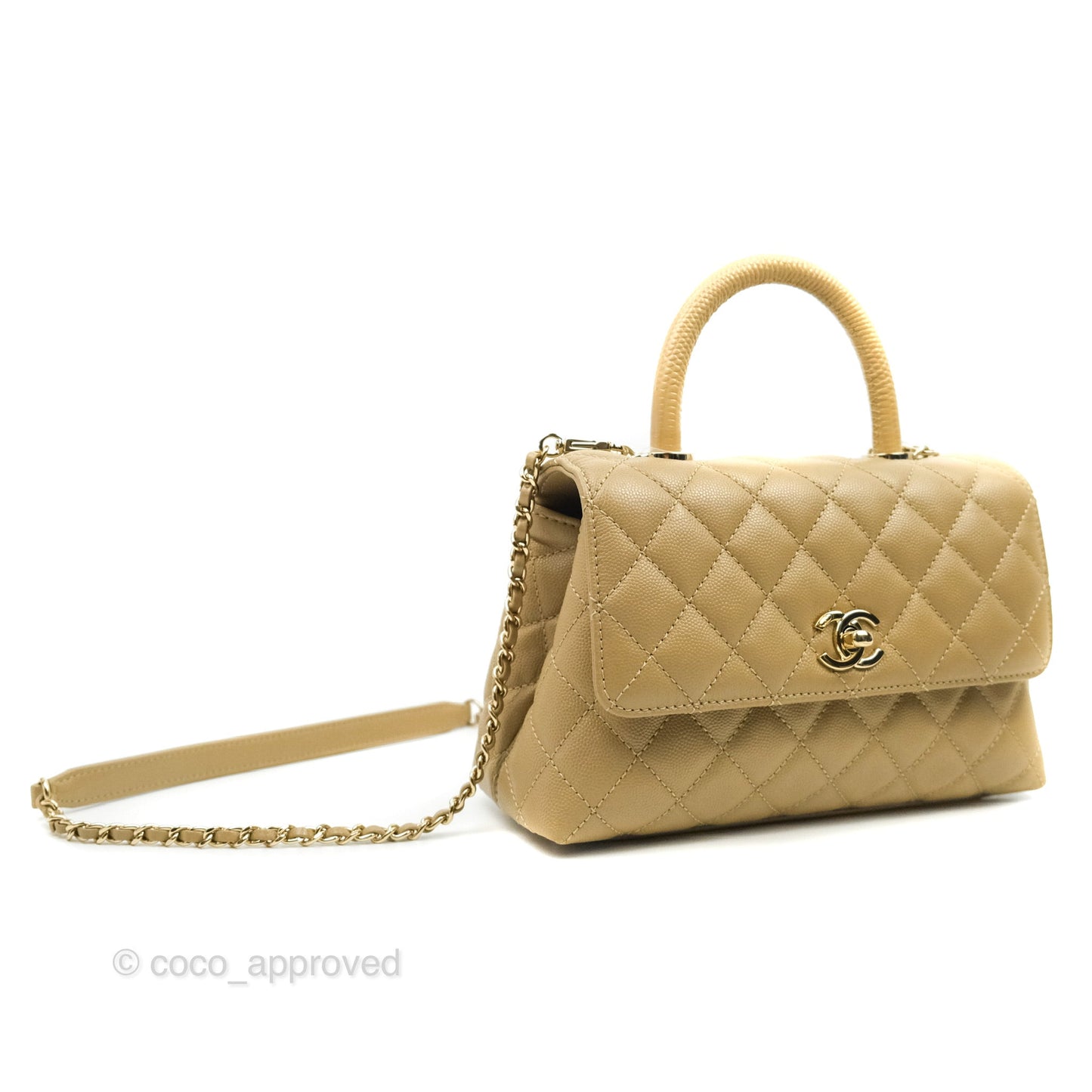 Chanel Small Coco Handle Quilted Dark Beige Caviar Gold Hardware Lizard Embossed Handle 21A