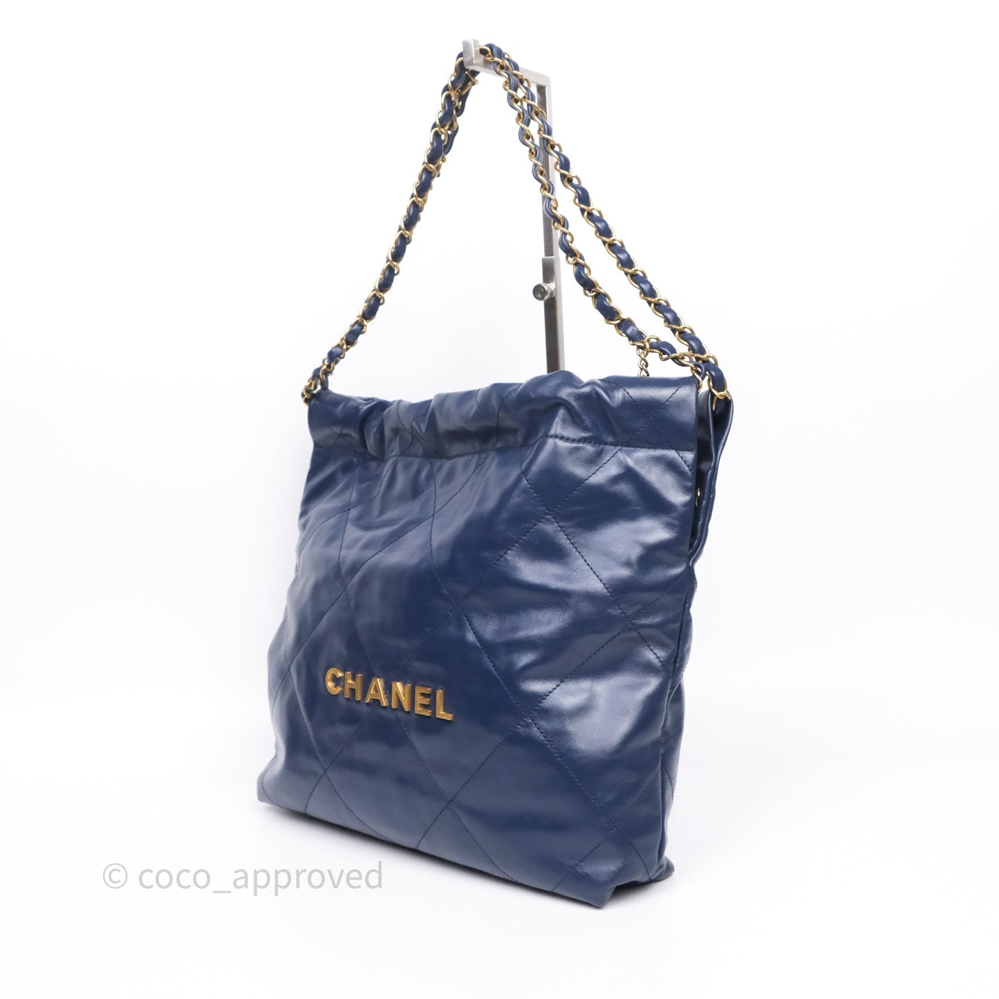 Chanel 22 Small Blue Shiny Calfskin Aged Gold Hardware