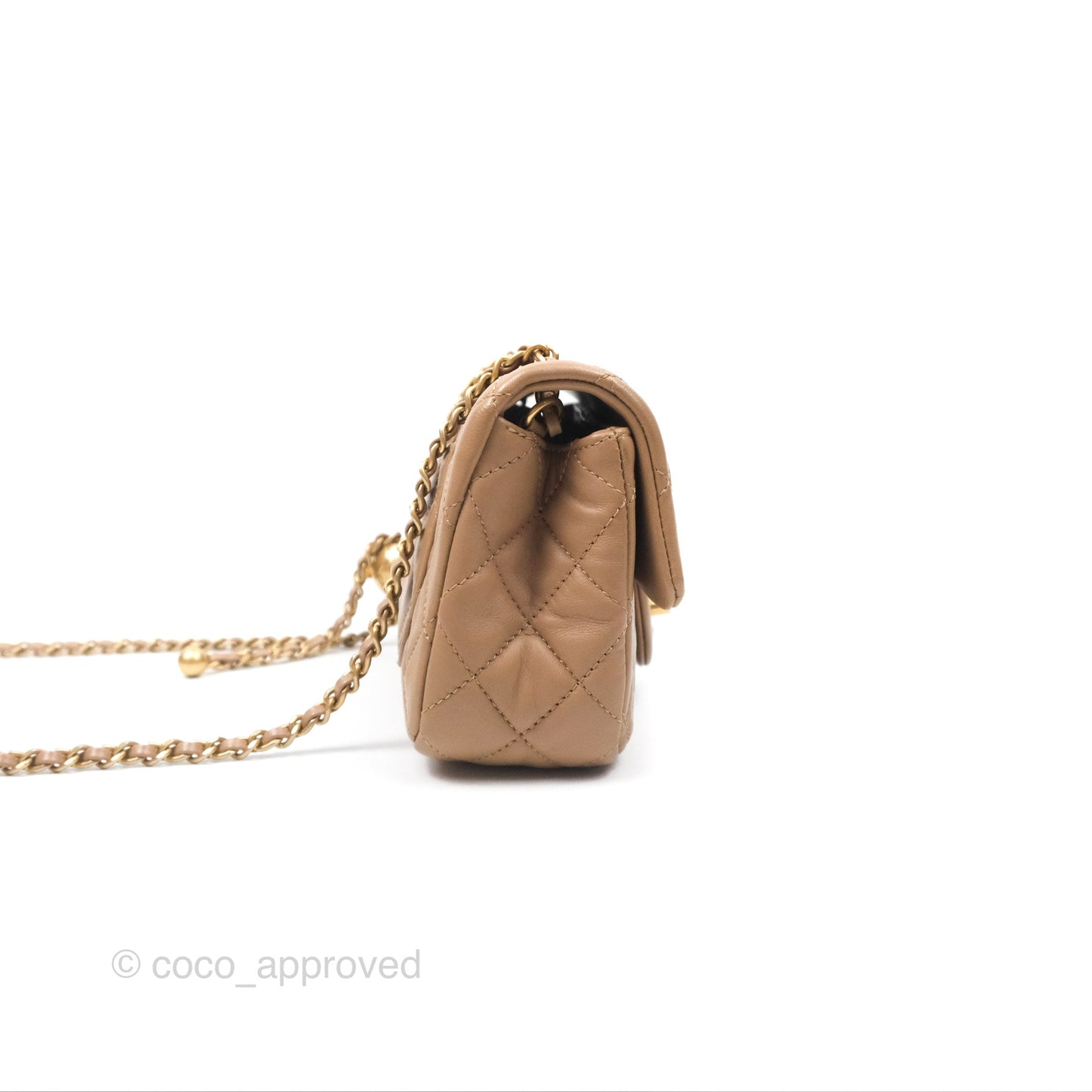 Chanel Mini Rectangular Pearl Crush Quilted Beige Lambskin Aged Gold Hardware