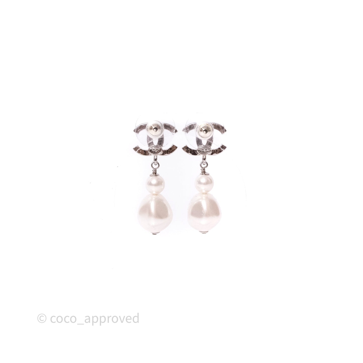 Chanel Drop CC Pearls Earrings Silver Tone 26S