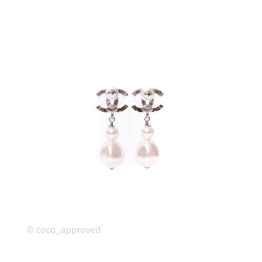 Chanel Drop CC Pearls Earrings Silver Tone 26S