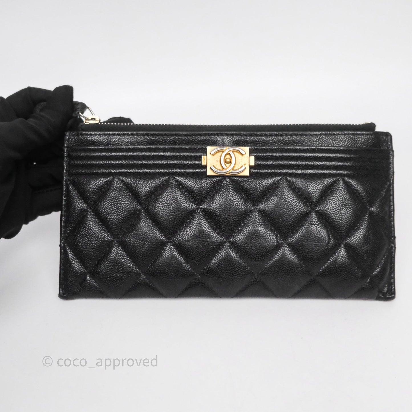 Chanel Boy Zip Long Wallet Black Caviar Gold Hardware