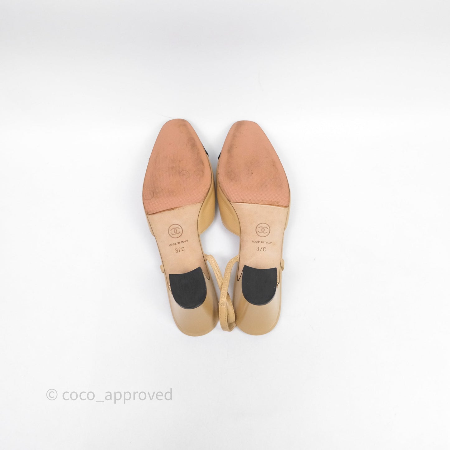 Chanel Classic Slingback Beige Black Leather Size 37