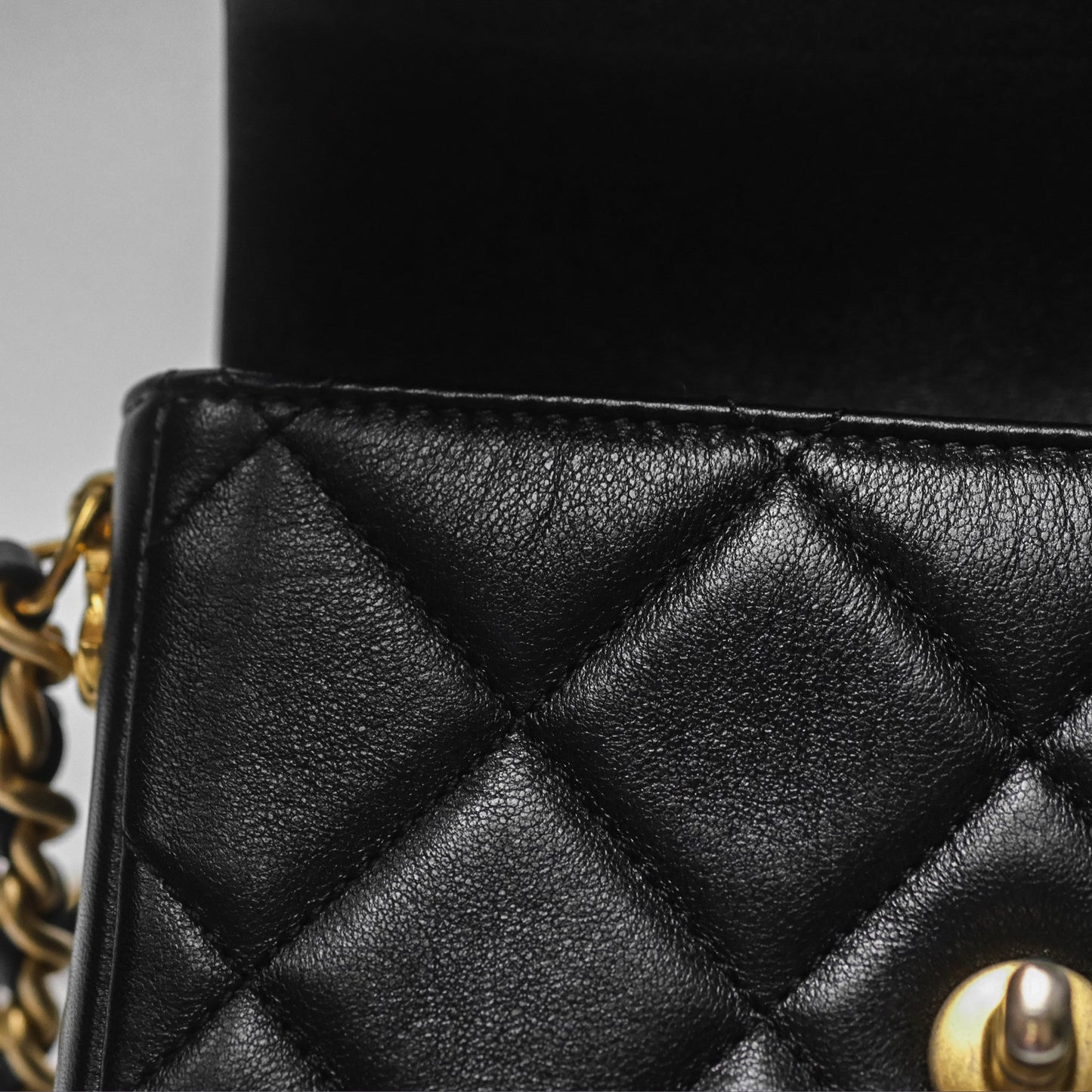 Chanel Logo Mini Square Flap Bag Black Lambskin Aged Gold Hardware 21B