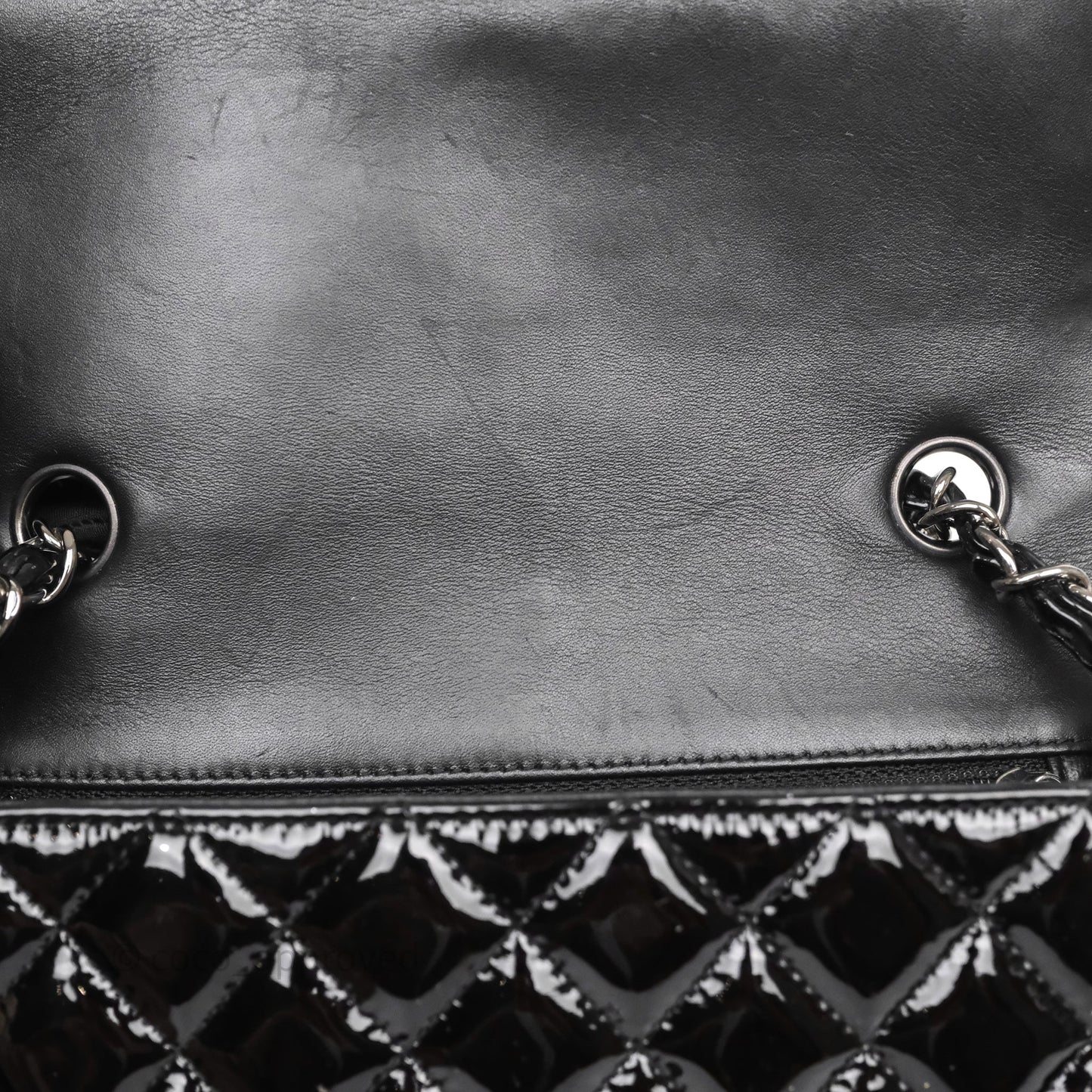 Chanel Quilted Mini Rectangular Flap Black Patent Silver Hardware