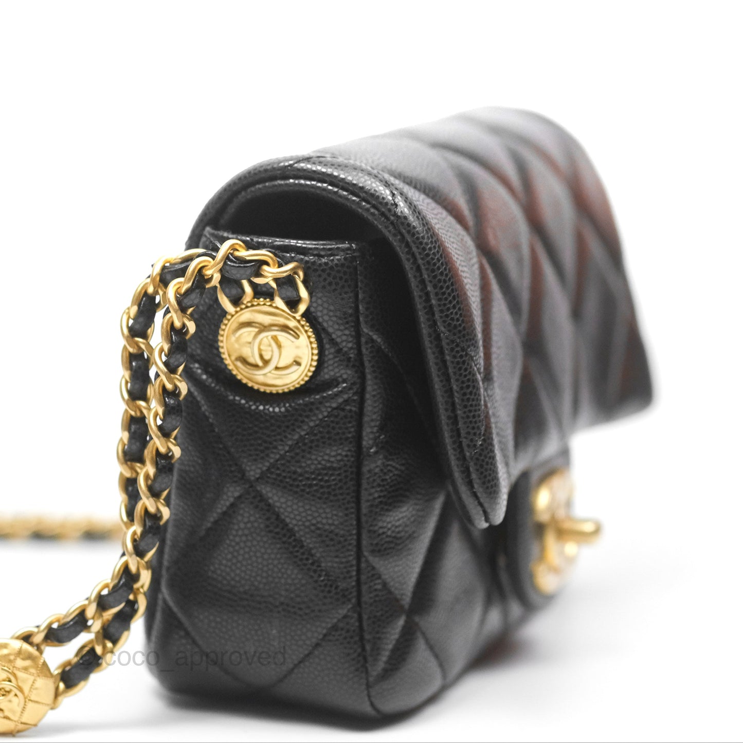 Chanel Mini Flap with Coin Charm Black Caviar Aged Gold Hardware 22A