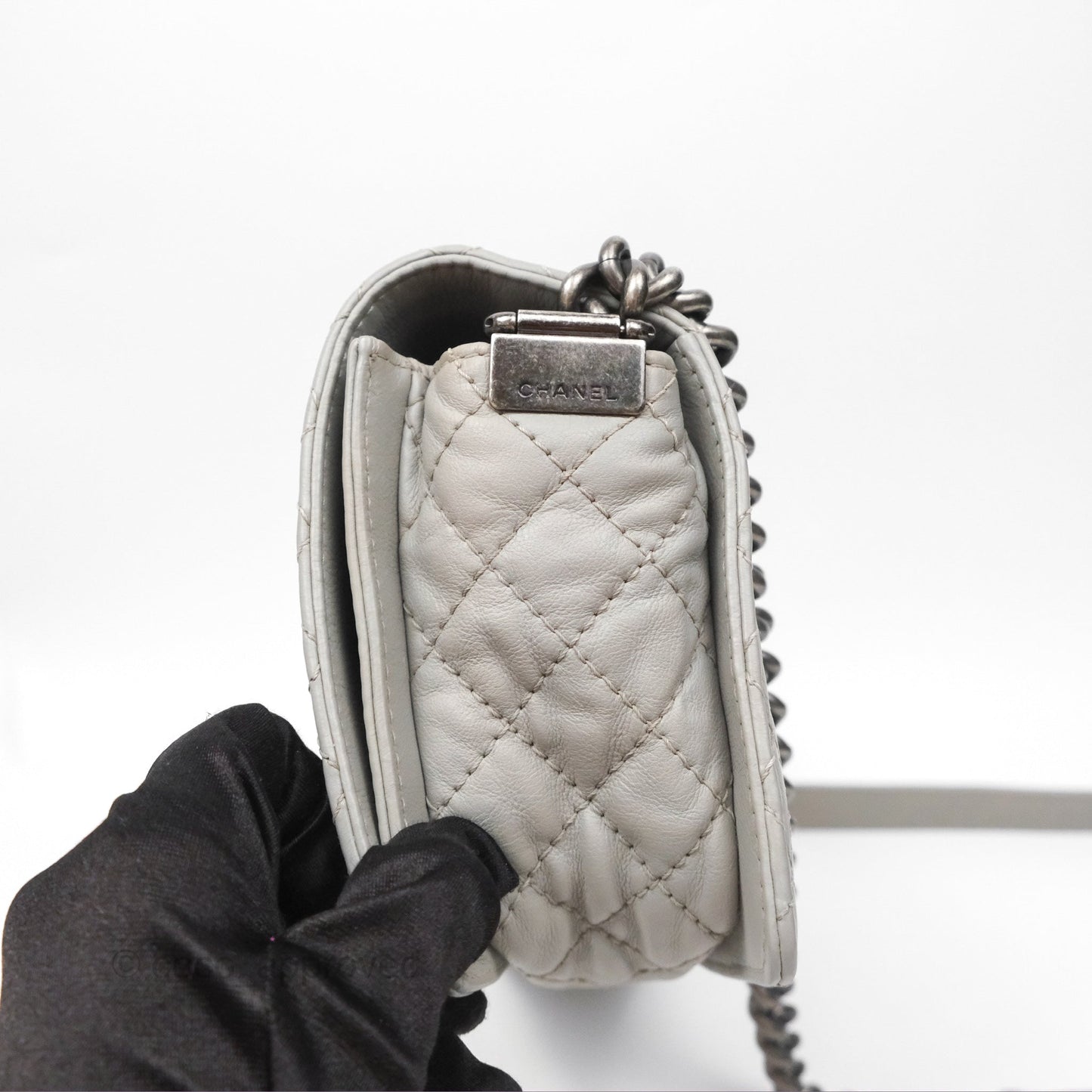 Chanel Medium Boy Reverso Flap Light Grey Calfskin Ruthenium Hardware