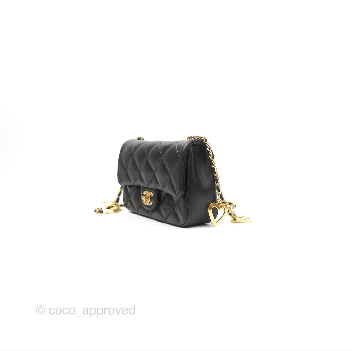 Chanel Mini Flap Bag With Heart CC Charm Black Lambskin Aged Gold Hardware
