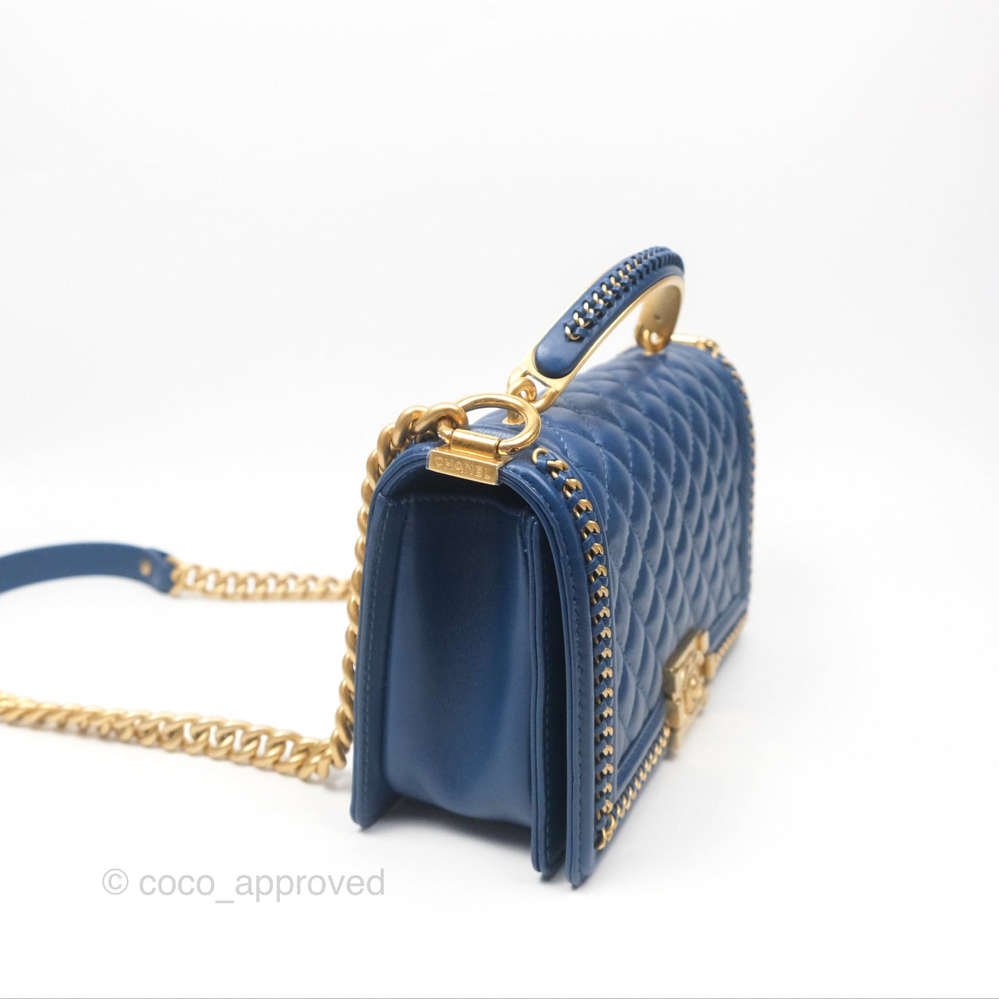Chanel Quilted Medium Boy With Handle Dark Blue Calfskin Aged Gold Hardware