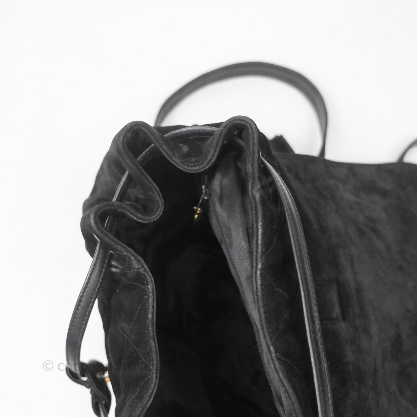 Chanel Vintage Quilted Suede CC Backpack Black Gold Hardware