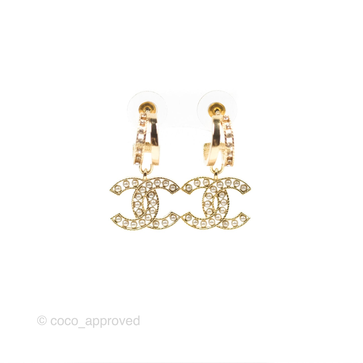 Chanel Pearl CC Crystal Double Hoop Earrings Gold Tone 21B