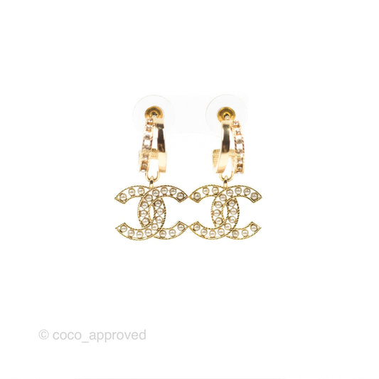Chanel Pearl CC Crystal Double Hoop Earrings Gold Tone 21B