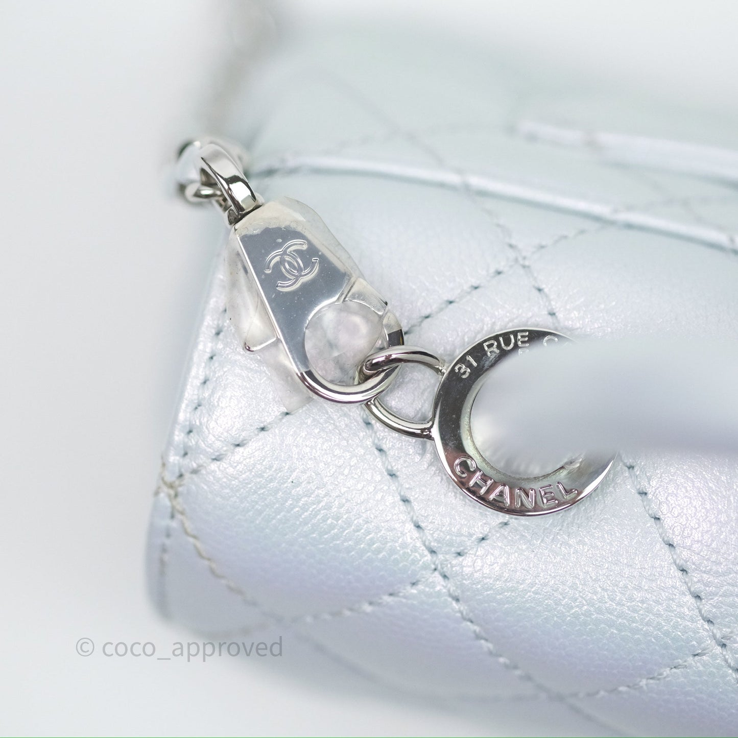 Chanel Mini Coco Handle Quilted Iridescent Light Blue Caviar Rainbow Hardware