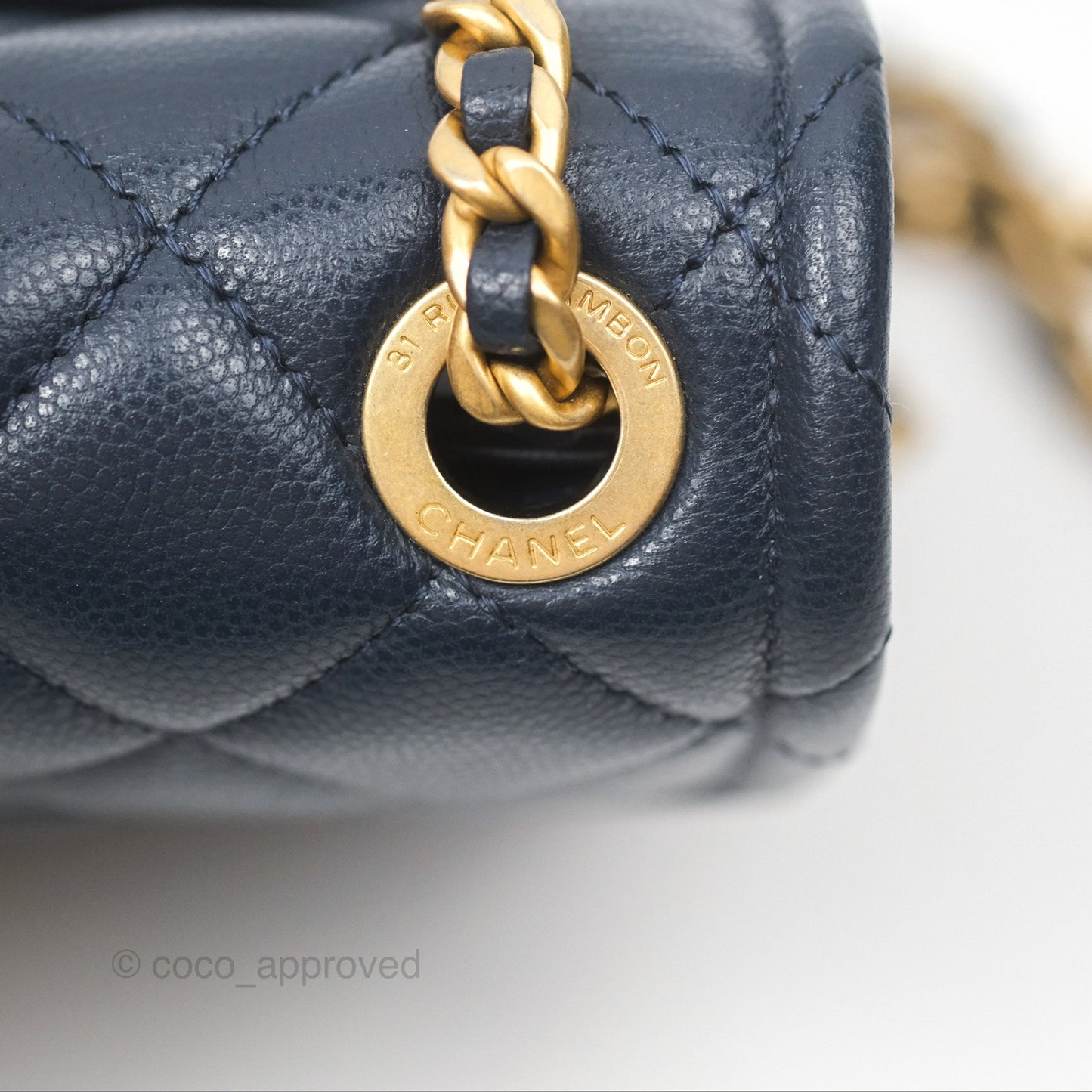 Chanel Mini Square Sweet Quilted Flap Navy Caviar Aged Gold Hardware 21P