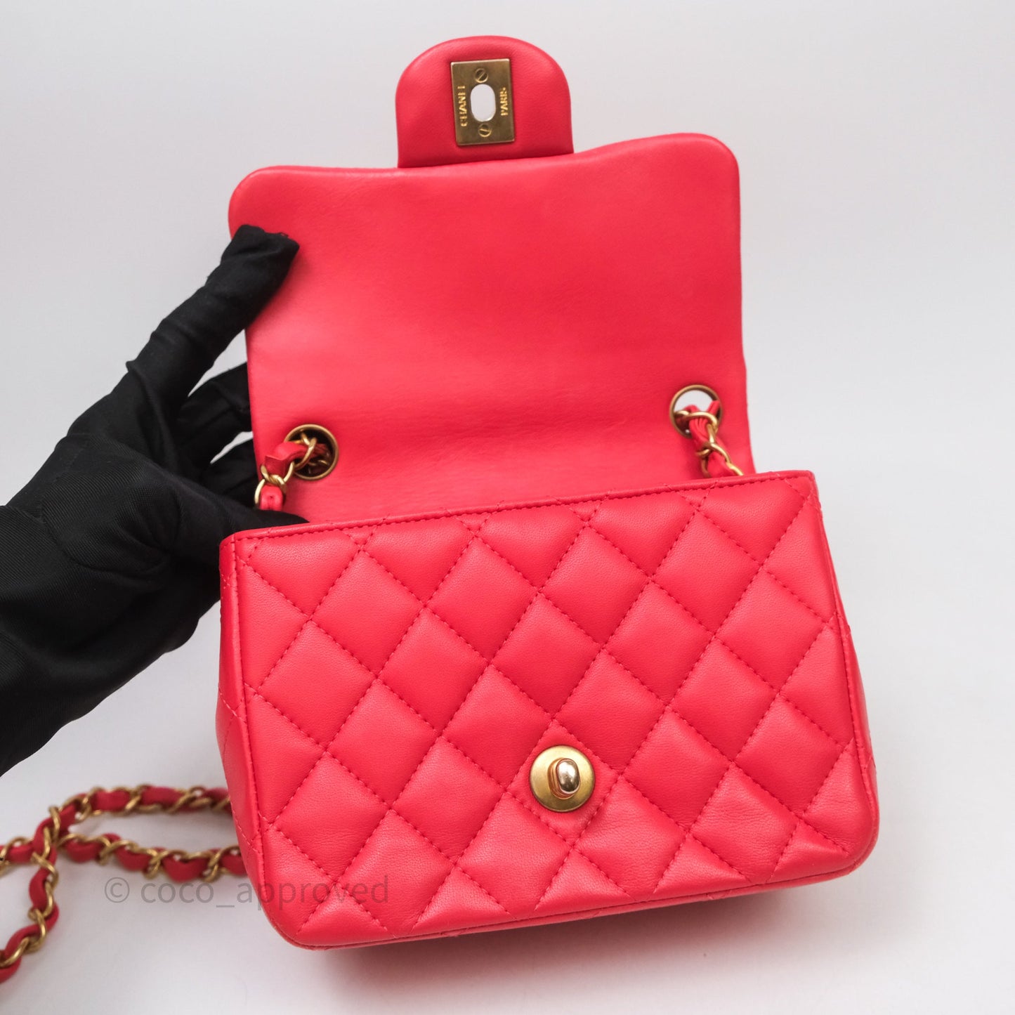 Chanel Mini Square Quilted Red Lambskin Aged Gold Hardware