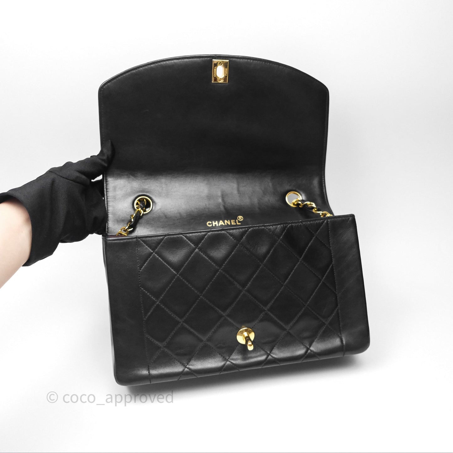 Chanel Medium Vintage Quilted Classic Diana Flap Bag Black Lambskin 24K Gold Hardware