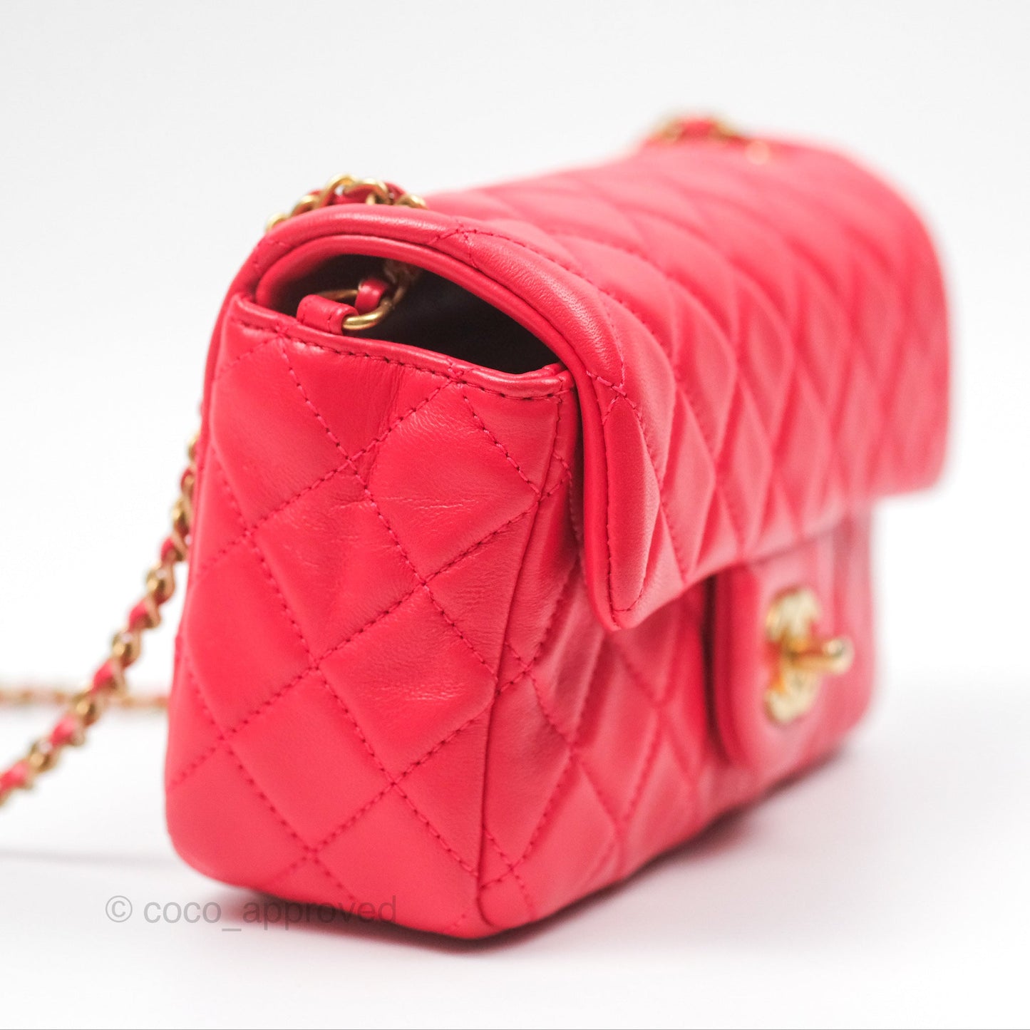 Chanel Mini Rectangular Pearl Crush Chilli Red Lambskin Aged Gold Hardware
