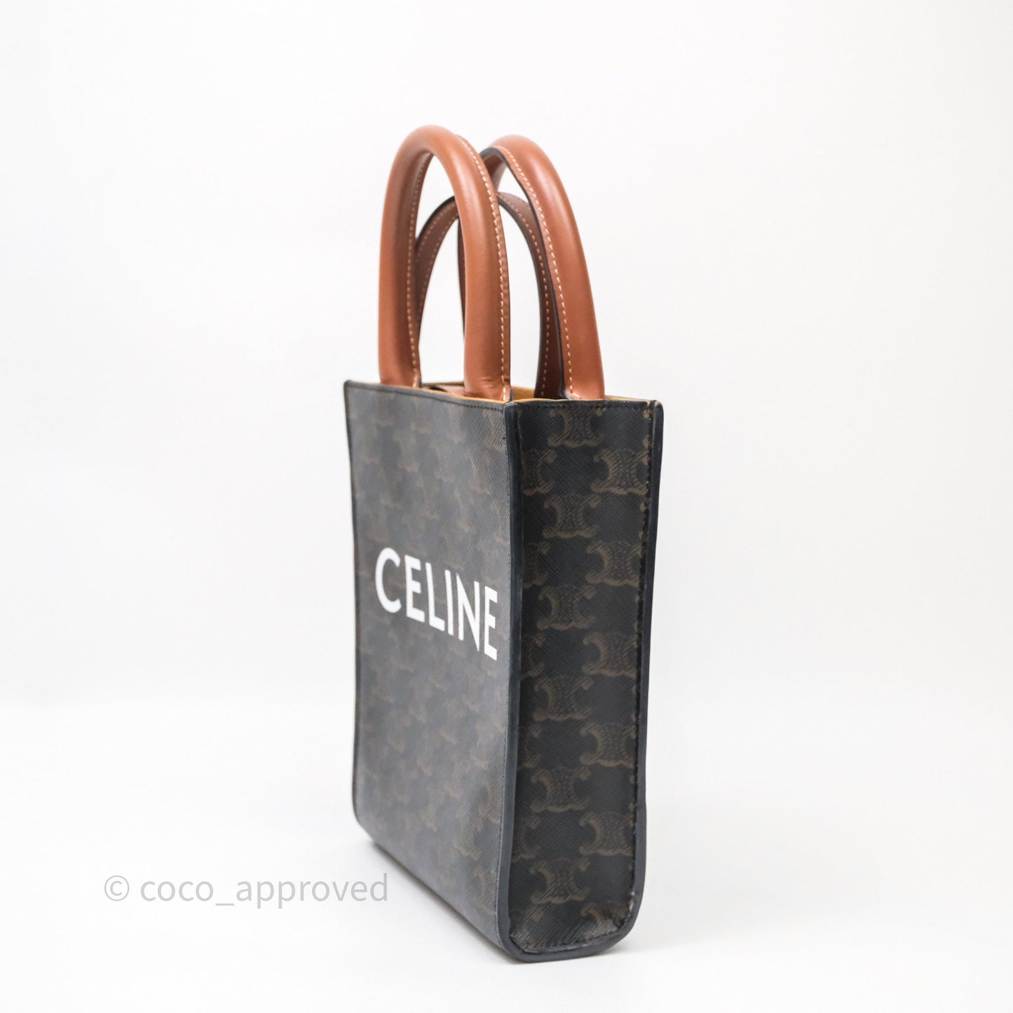 Celine Mini Vertical Cabas Bag Triomphe Canvas Tan Calfskin