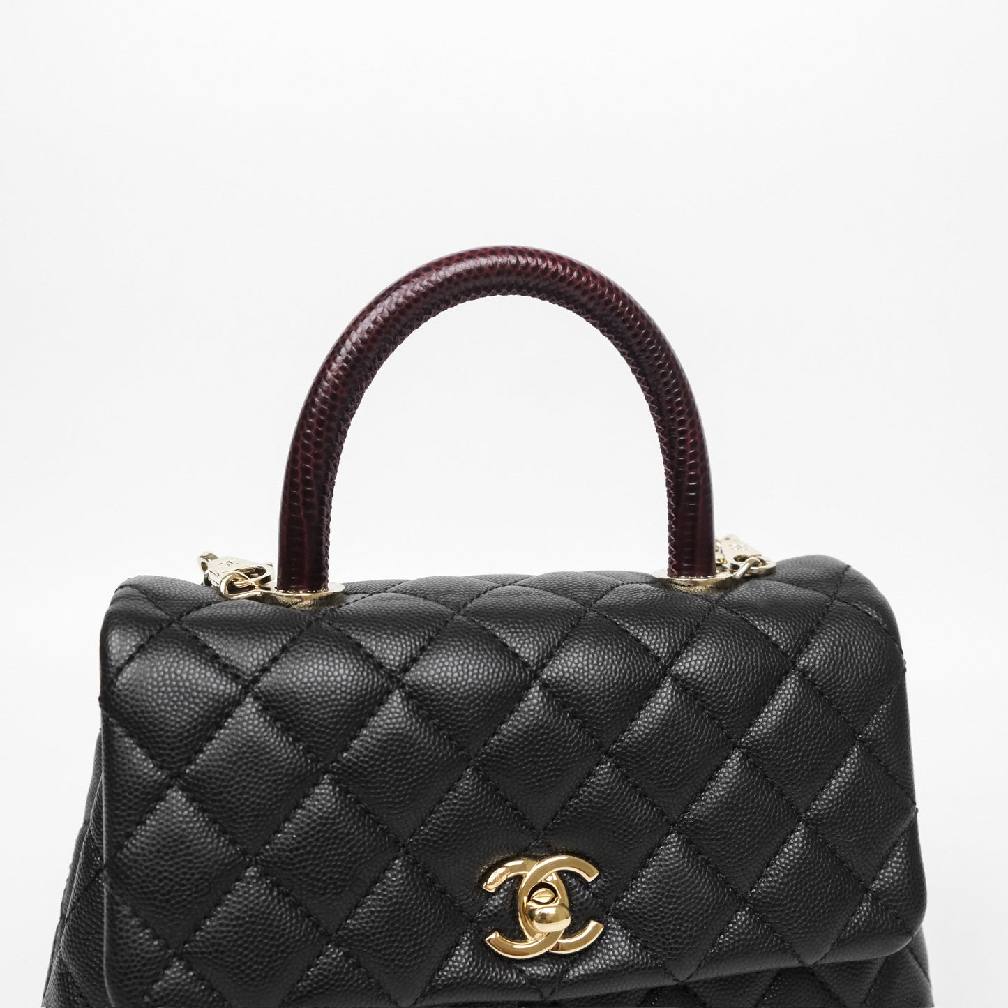 Chanel Small Coco Handle Quilted Black Caviar Gold Hardware Lizard Handle