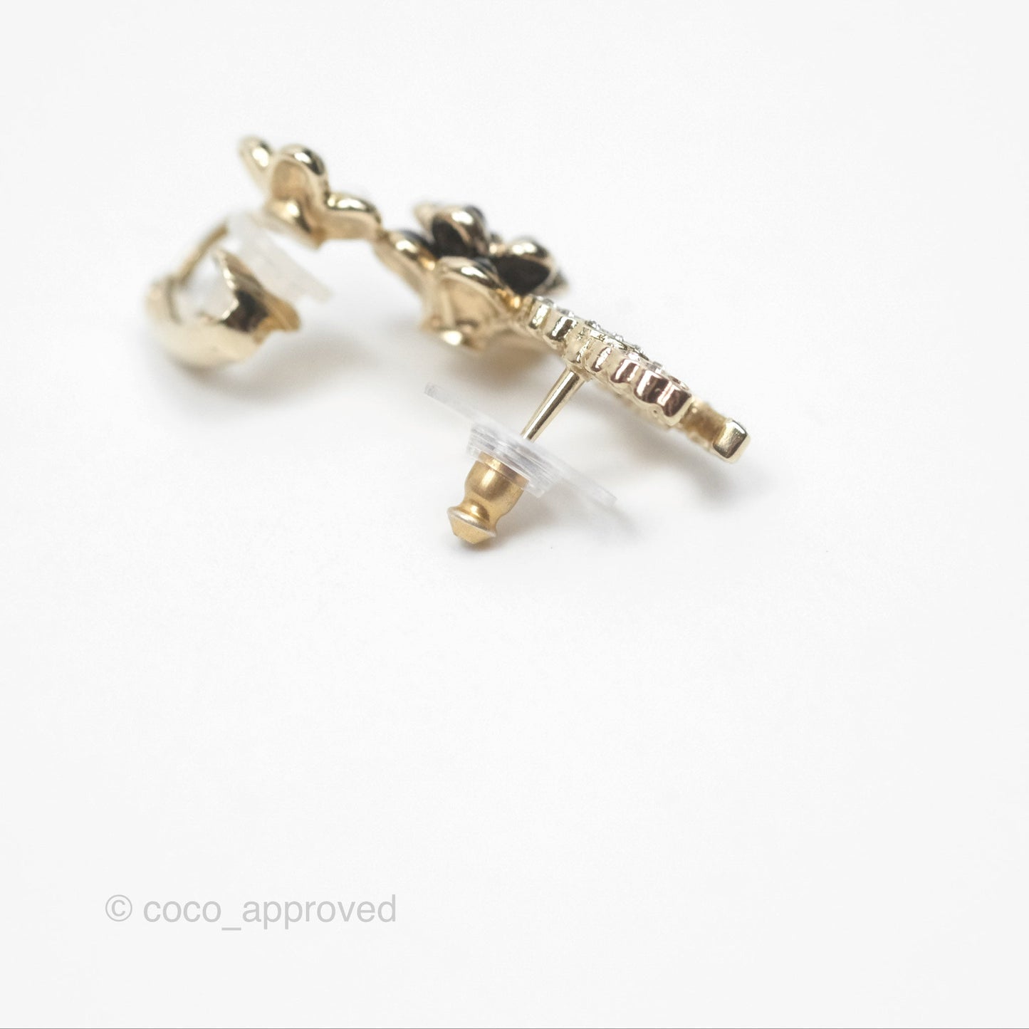 Chanel Crystal CC Black White Flower Earrings Ear Clip Gold Tone 21C