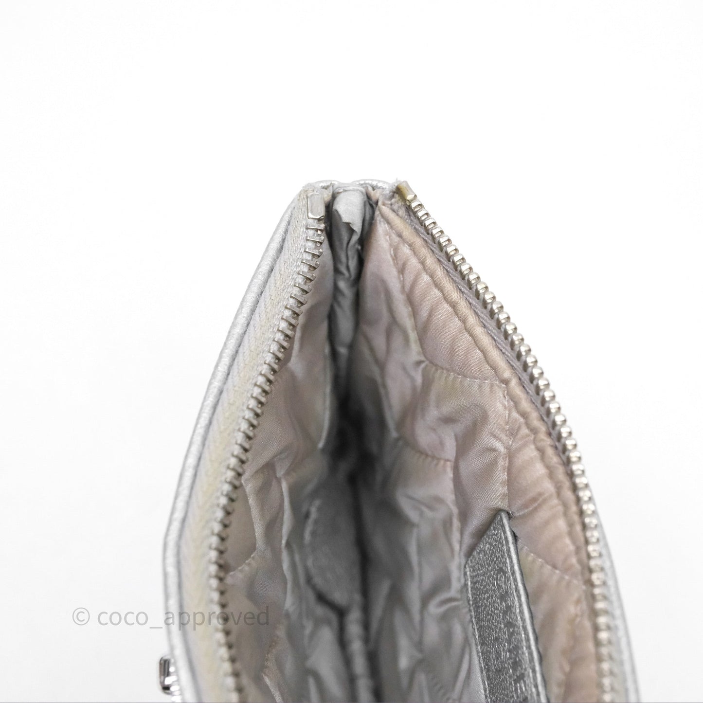 Chanel Mini Chevron Mademoiselle O Case Silver Goatskin Silver Hardware
