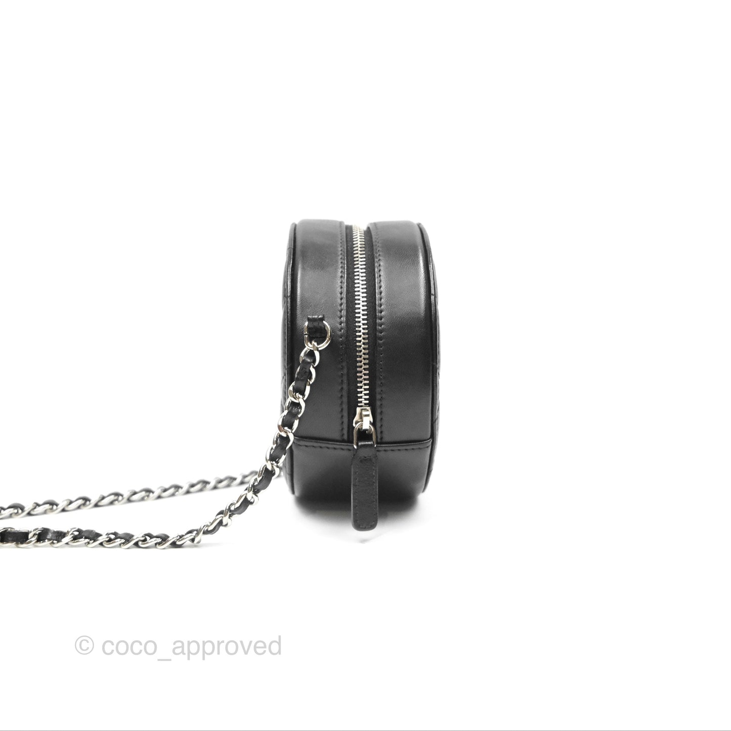 Chanel Classic Quilted Round Clutch With Chain Black Lambskin Silver Hardware