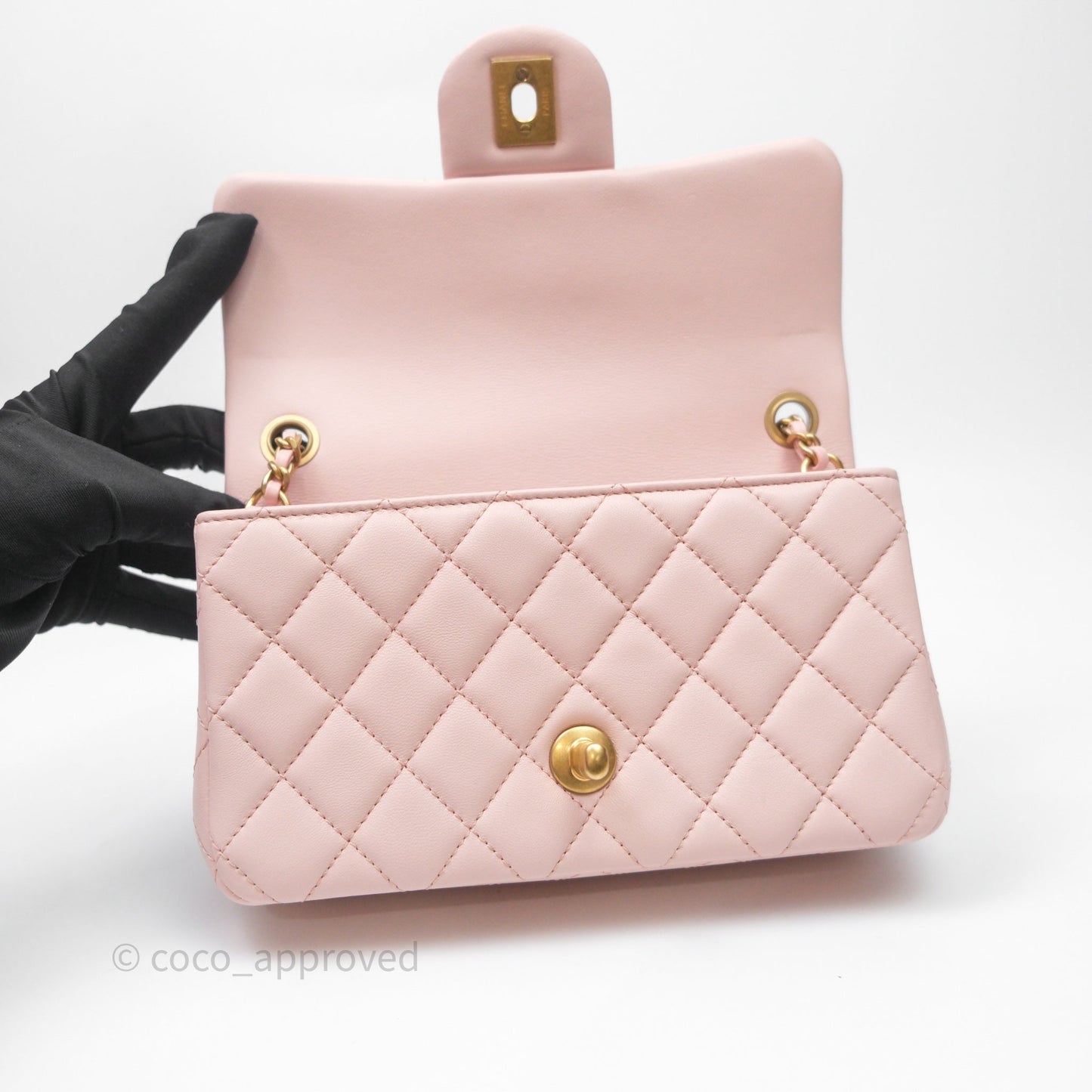 Chanel Mini Rectangular Pearl Crush Baby Pink Lambskin Aged Gold Hardware