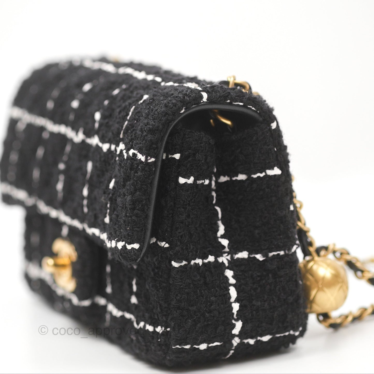 Chanel Mini Rectangular Pearl Crush Tweed Black White Grid Aged Gold Hardware